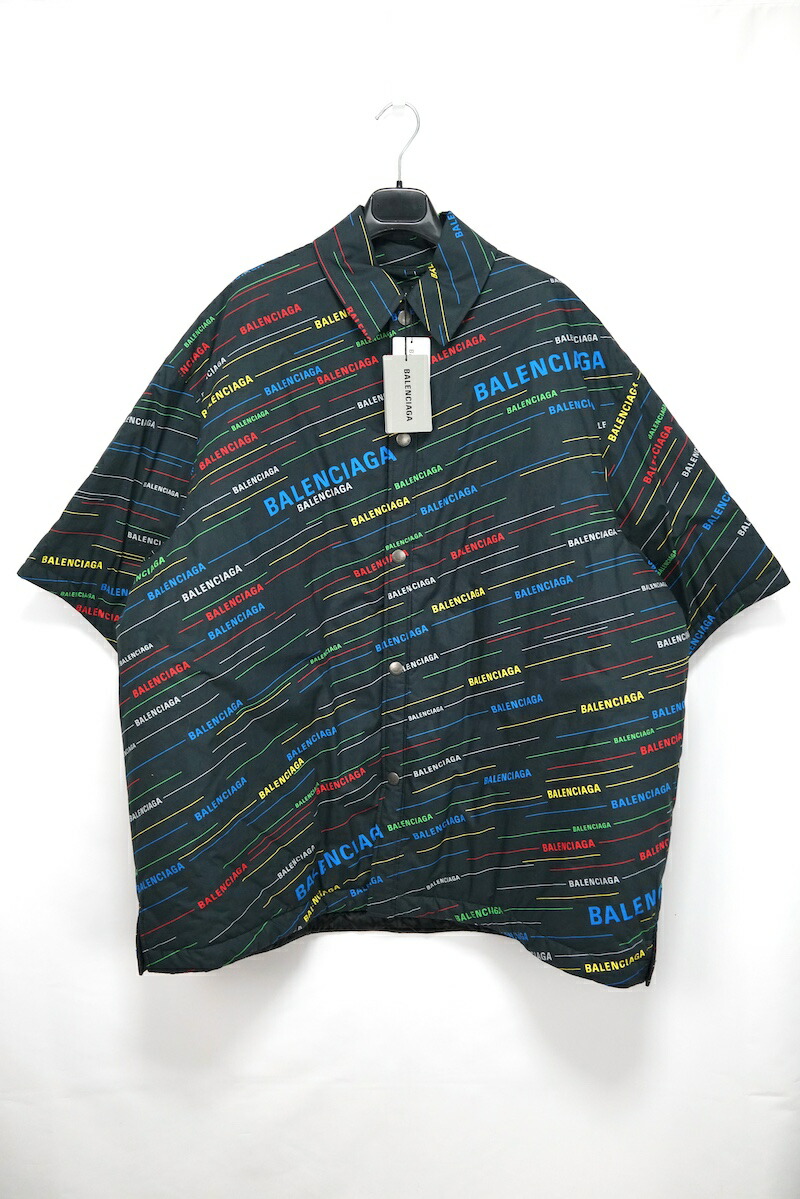 BALENCIAGA Logo Printed padded short sleeve shirt Jacket バレンシアガ 総柄 ロゴ プリント ブラック ショートスリーブ シャツ ジャケット 裏