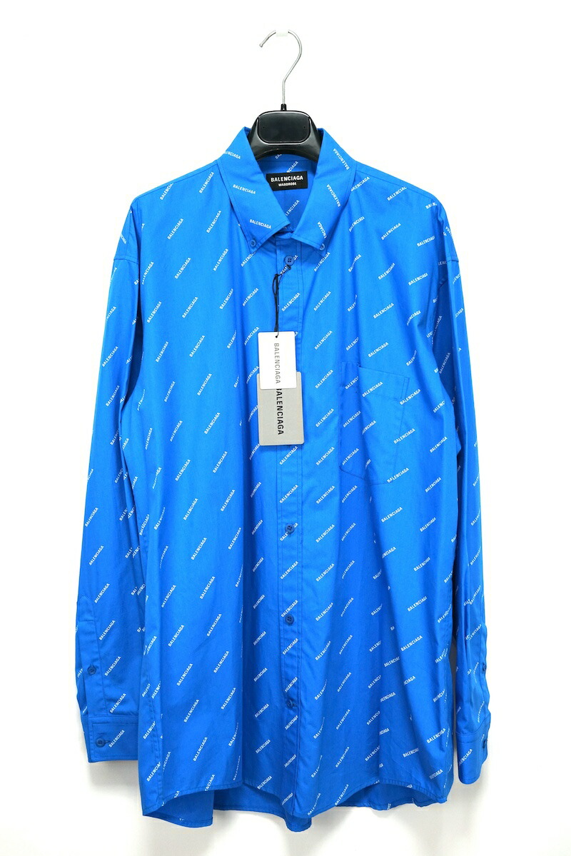 BALENCIAGA All Over Logo Shirt バレンシアガ オールオーバー ロゴ シャツ 総柄 ブルー コットン 39サイズ 534333【中古】新古品コンディション 当社が定める基準