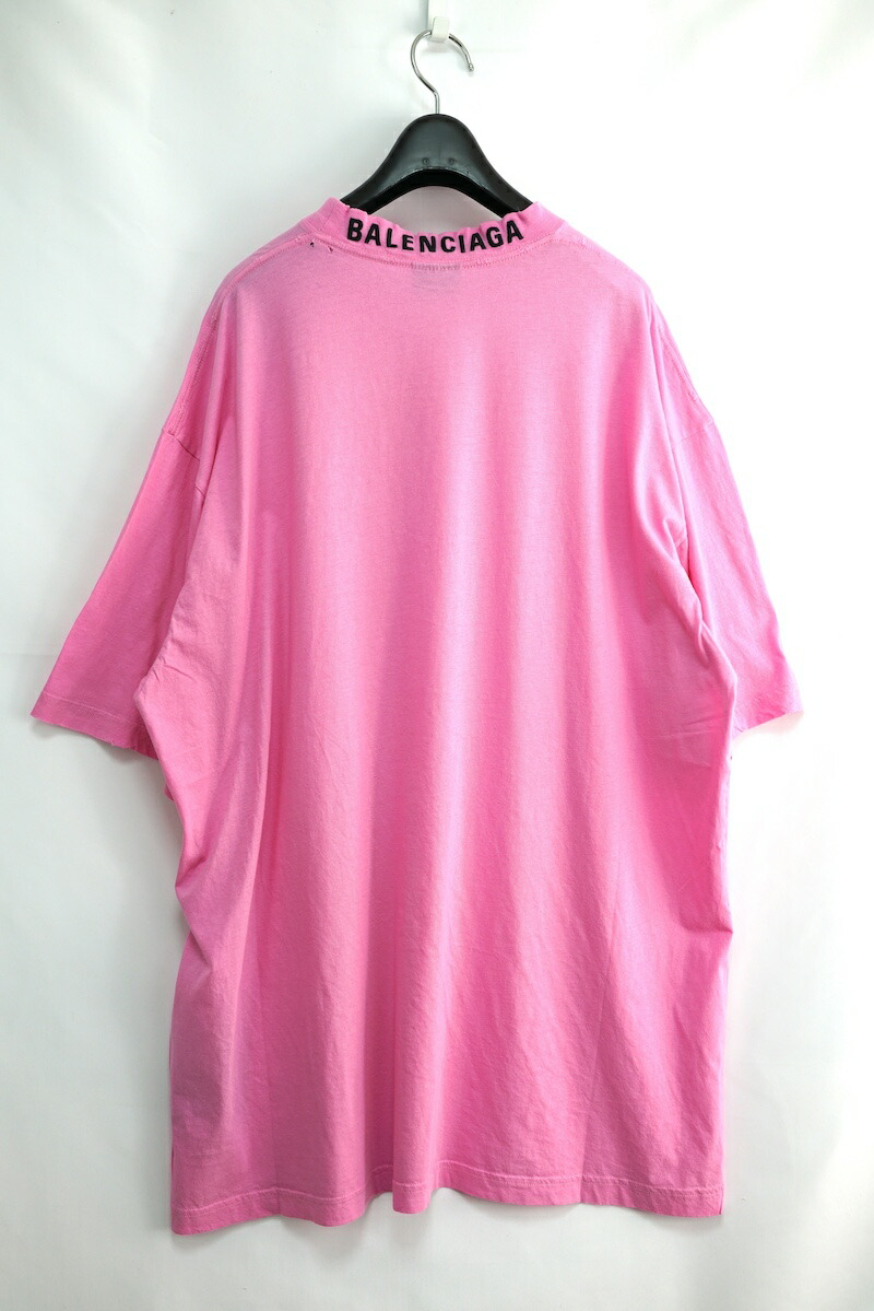 BALENCIAGA Disessed T-shirt バレンシアガ バック ネック ロゴ 刺繍 ダメージ加工 ピンク Tシャツ ユニセックス Mサイズ Lサイズ 739784【中古】新古品コンディシ