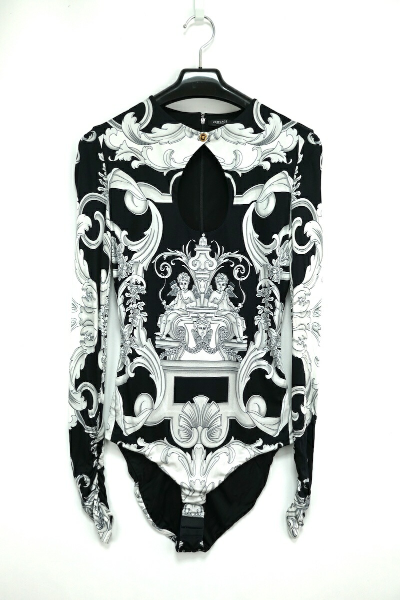 Versace ヴェルサーチ Barocco print cutout Bodysuit バロッコ プリント ボディスーツ ブラック ホワイト 40サイズ【中古】コンディション 当社が定める基準N ：