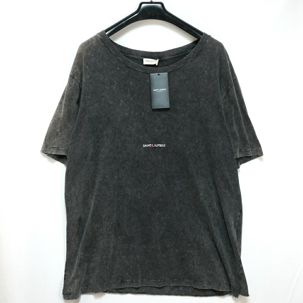 SAINT LAURENT PARIS サンローラン パリ スクエア ロゴ ダメージ加工 Tシャツ チャコールグレー Lサイズ 498281 YB2LO【中古】新古品