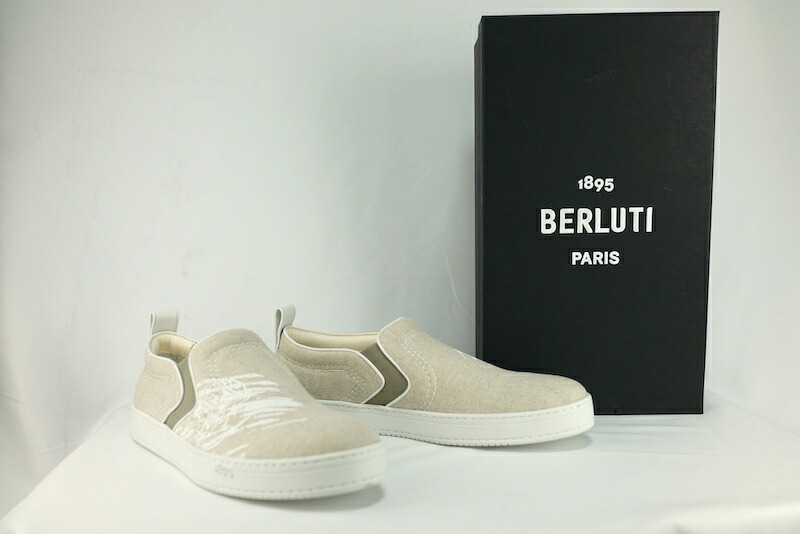 BERLUTI 1895 PARIS ベルルッティ PLAYTIME プレイタイム PALERMO パレルモ スクリット柄 キャンバス ローカットスニーカー スリッポン ベージュ 8サイズ(約26.5cm) S6073 001【中古】新古品|OPINION COSMETIC