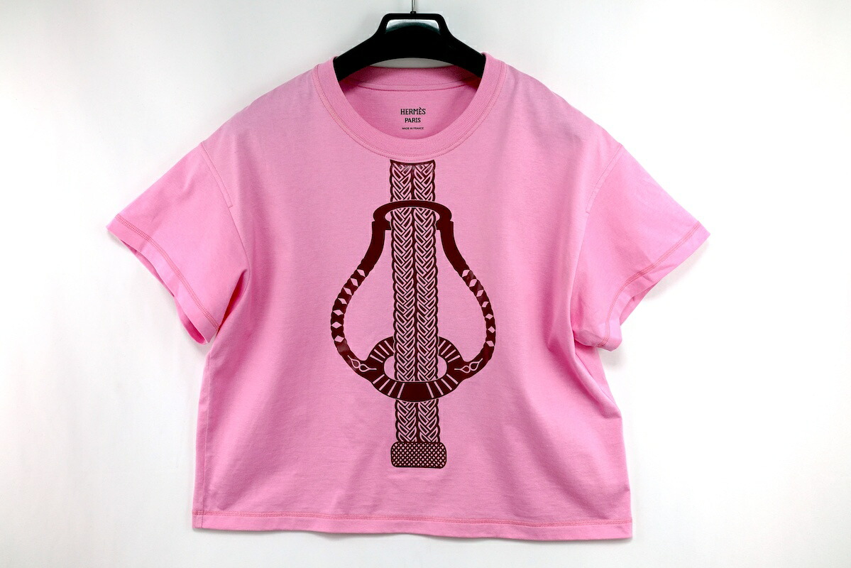 HERMES エルメス クロップド丈 クルーネック プリント Tシャツ ピンク 36サイズ コットン 3E4624DL【中古】