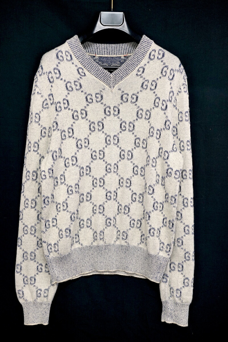 GUCCIネイビーベージュストライプセーター 正規品　Lサイズ 美品　GG柄 GUCCI グッチ GG柄 Vネックニット セーター グリーン 20SS