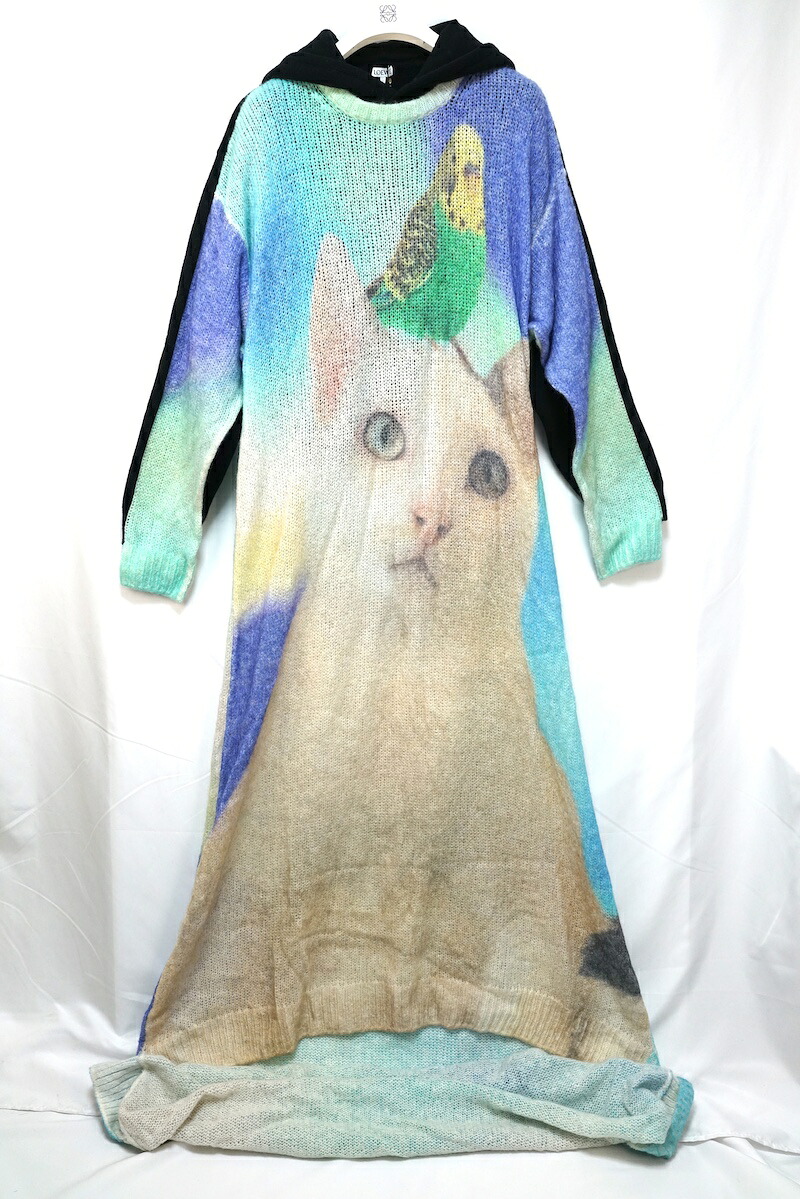 LOEWE ロエベ CAT PRINT KNIT DRESS 猫 刷り上げる 編み物 フーディ 御召しもの 黒いこと マルチ色つや S大きさ H526Y17K29【中古】新古品