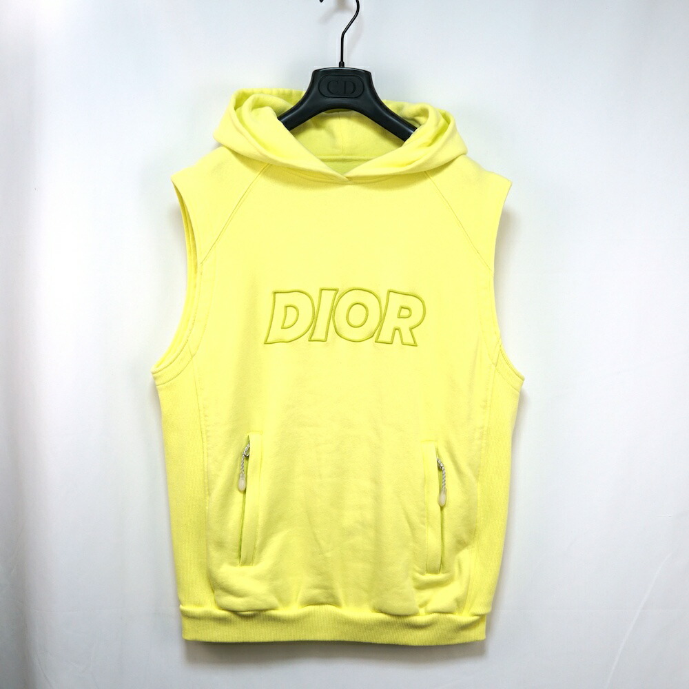 DIOR ディオール フロント ロゴ エンブロイダリー ノースリーブ フーディ スウェット パーカー イエロー Mサイズ 393J638A0854【中古】