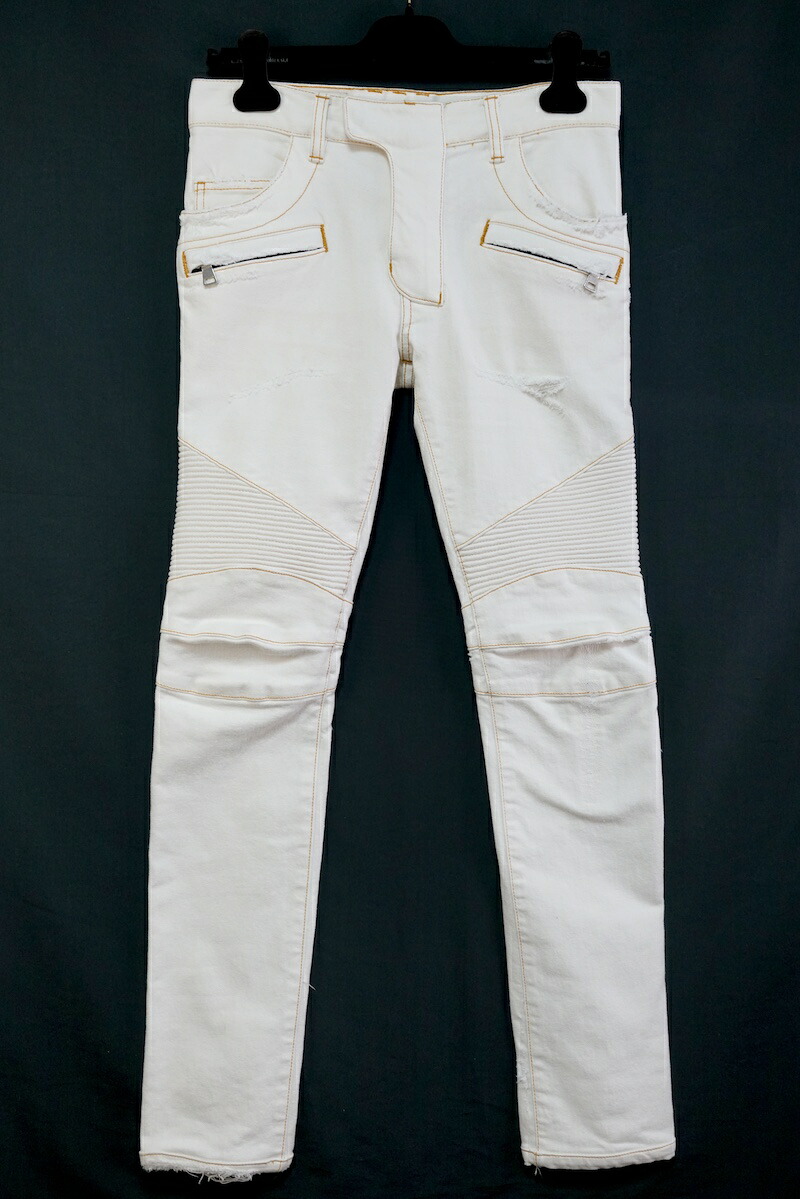BALMAIN バルマン スリム バイカー デニム パンツ ホワイト デニム 27サイズ S7H9551T022【中古】