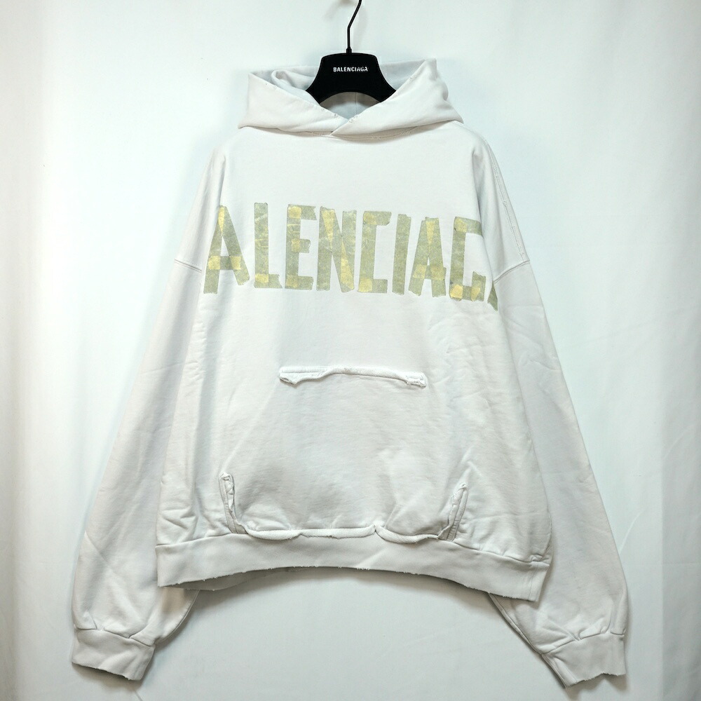 BALENCIAGA バレンシアガ Tape Type Ripped Pocket Hoodie テープ ロゴ リップド ポケット フーディ パーカー ホワイト Mサイズ Lサイズ XLサイズ 74441T0VB1 【中古】新古品