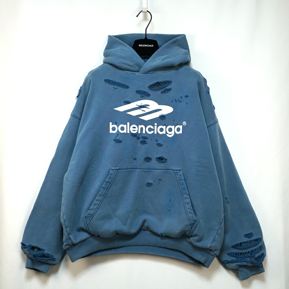 BALENCIAGA Blue Layered MediumFit Hoodie バレンシアガ レイヤード ミディアムフィット フーディ パーカー ダメージ加工 ブルー XSサイズ Sサイズ 818598 TTWA4【中古】新古品