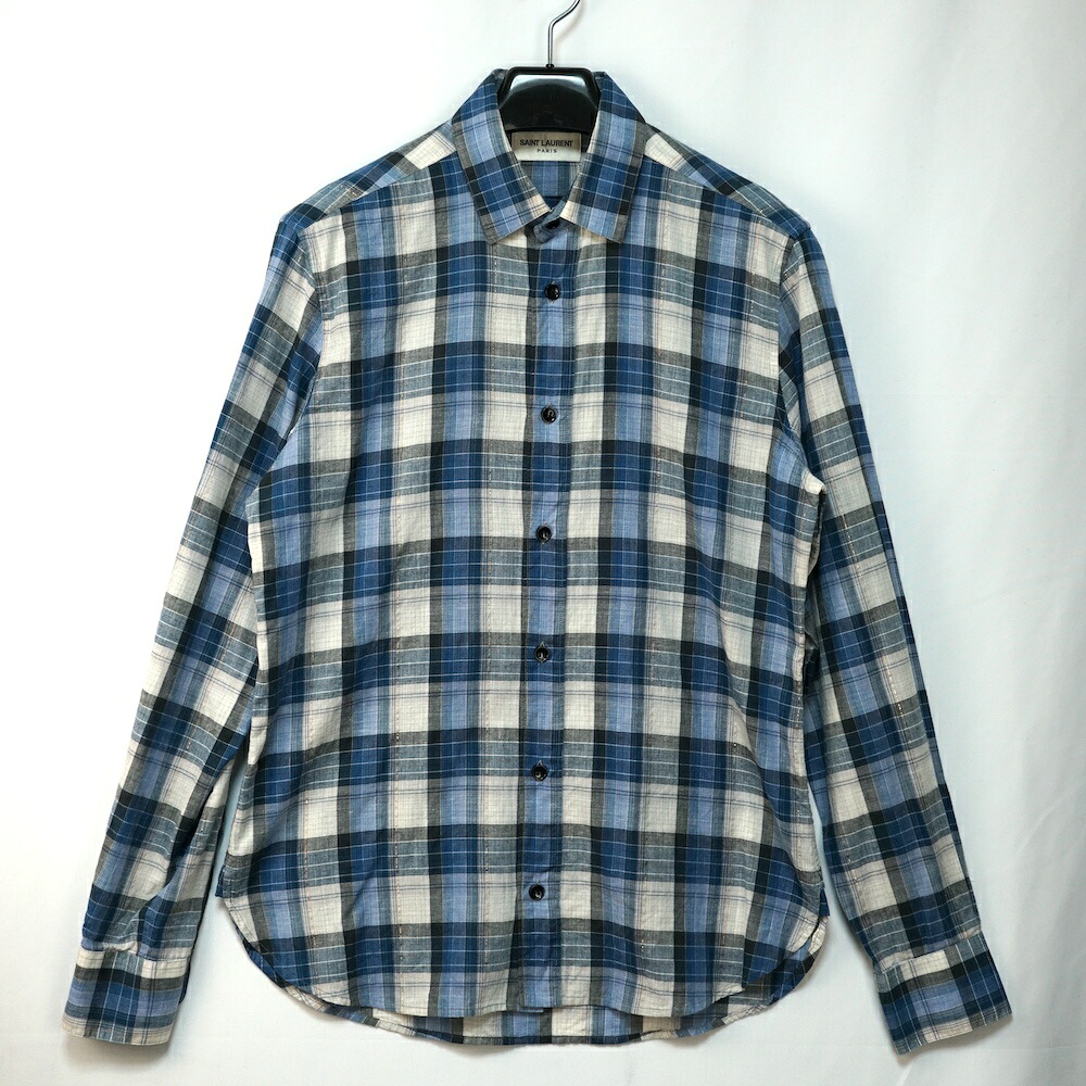 SAINT LAURENT PARIS サンローラン パリ メタリック スレッド ガーゼ プラッド フランネル シャツ ラメ糸 ブルー 37サイズ 14.5 376916 Y799H 【中古】｜OPINION COSMETIC
