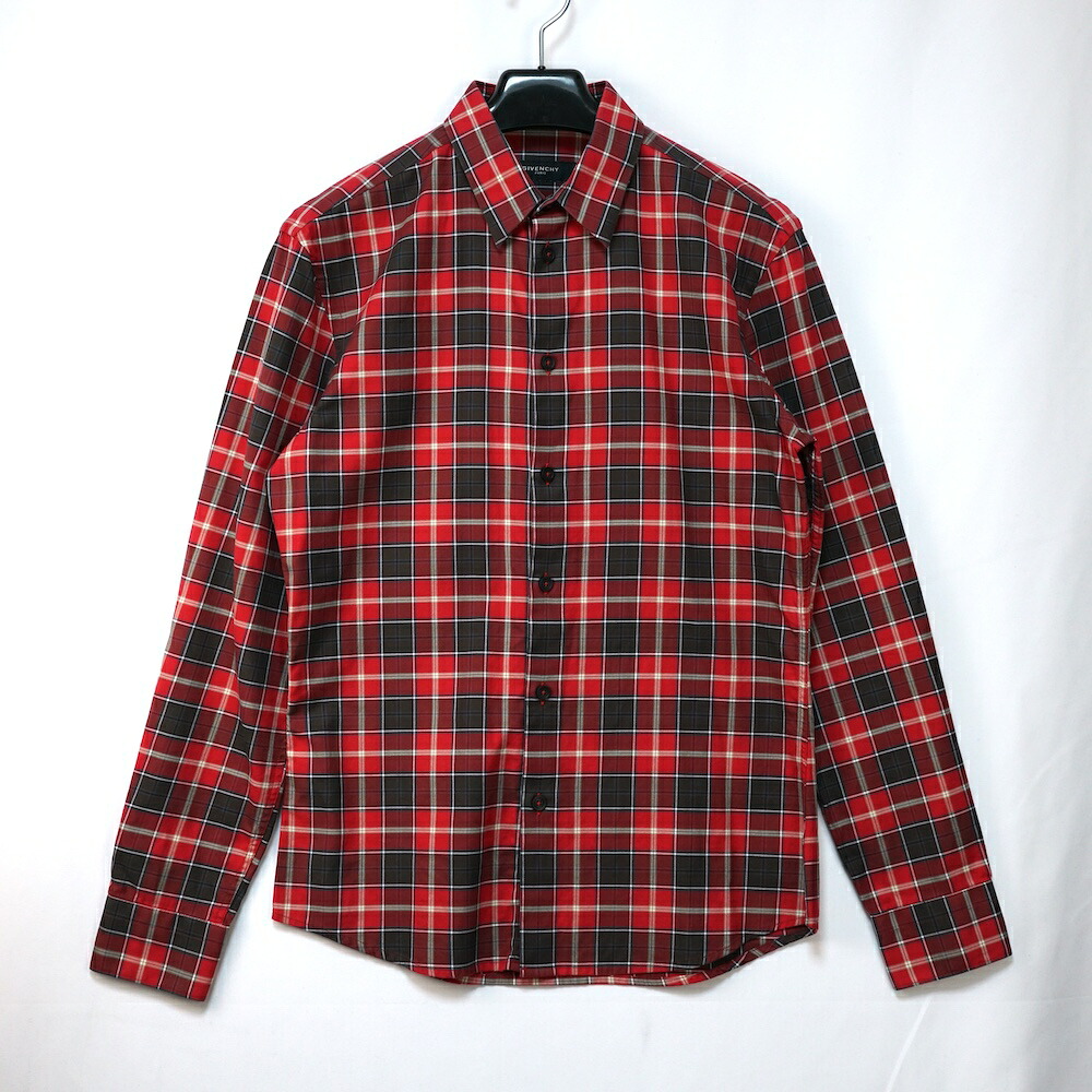 GIVENCHY ジバンシィ プレイド チェック コットン シャツ レギュラーカラー 37サイズ 14.5 レッド ブラック ホワイト【中古】