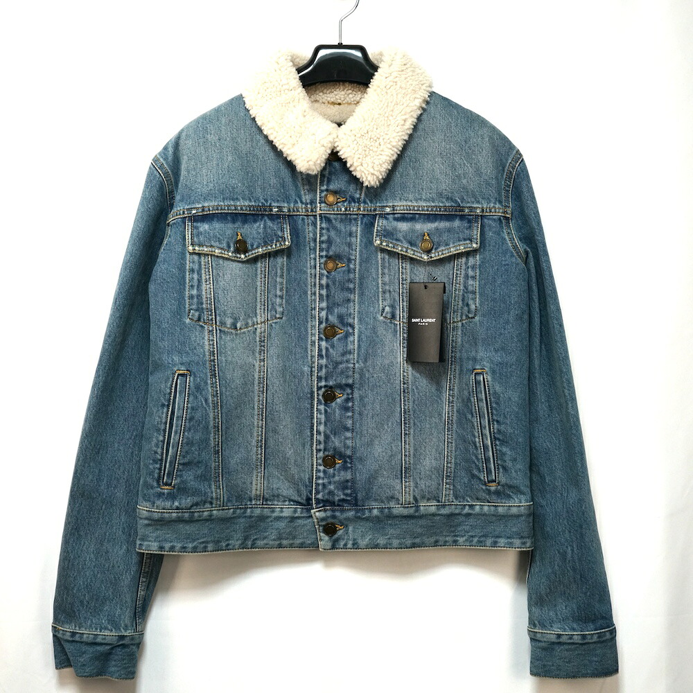 SAINT LAURENT PARIS サンローランパリ ムートン ボア デニム ジャケット Gジャン ロゴ ワッペン ブルーデニム Mサイズ 643611YY883【中古】新古品 57,750円