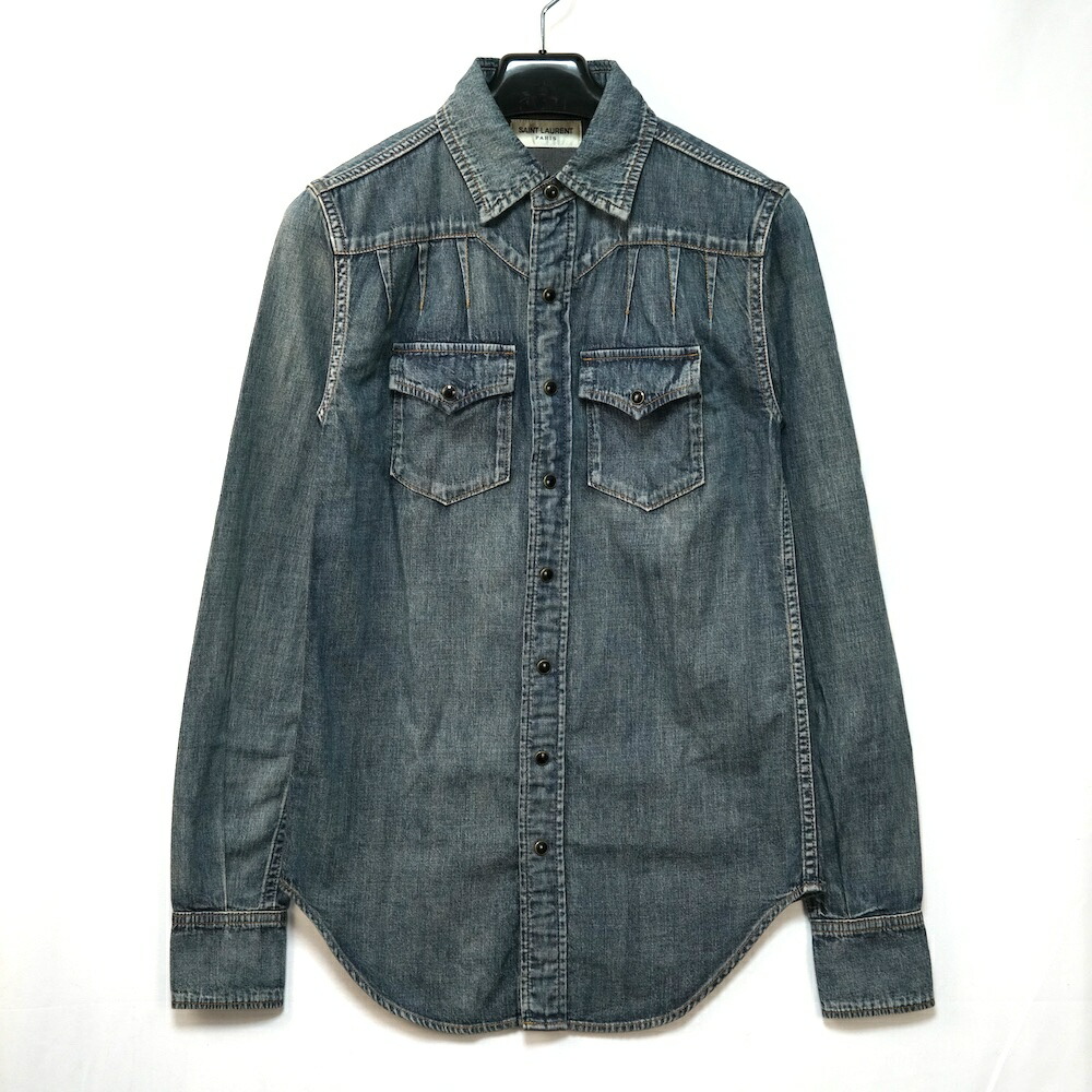 SAINT LAURENT PARIS サンローランパリ デニム ウエスタン シャツ スナップボタン ヴィンテージ加工 ブルー デニム XSサイズ 656792 Y24AA【中古】新古品