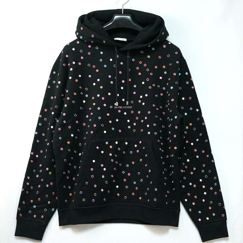 SAINT LAURENT PARIS サンローランパリ カラフル メタル スタッズ ロゴ プリント フーディ プルオーバー パーカー ブラック Lサイズ 686517 Y36TN【中古】新古品