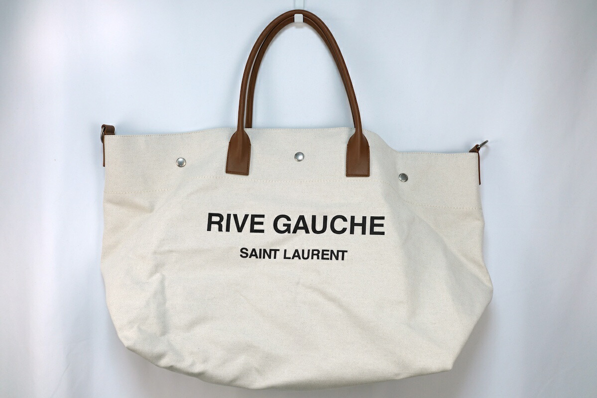 SAINT LAURENT PARIS サンローランパリ Men\u0027s Maxi Rive Gauche Tote Bag マキシ リヴゴーシュ 帆布 トート うしろ側 象牙色 赤銅色 685543【中古】新古品