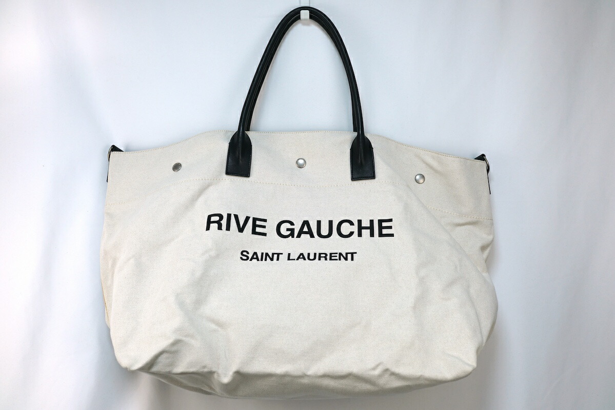 SAINT LAURENT PARIS サンローランパリ Men\u0027s Maxi Rive Gauche Tote Bag マキシ リヴゴーシュ 帆布 トート うしろ側 象牙色 黒いこと 685543【中古】新古品