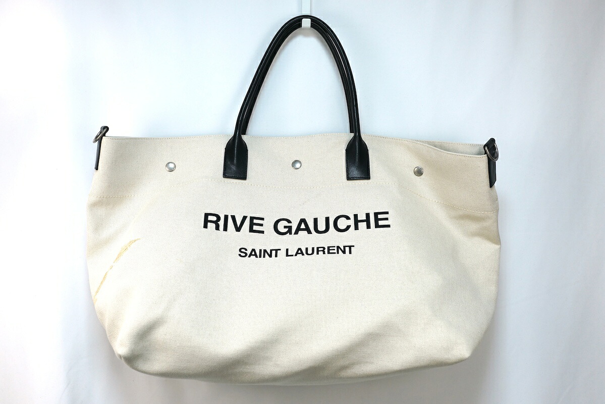 SAINT LAURENT PARIS サンローランパリ Men\u0027s Maxi Rive Gauche Tote Bag マキシ リヴゴーシュ 帆布 トート うしろ側 象牙色 黒いこと 685543【中古】新古品
