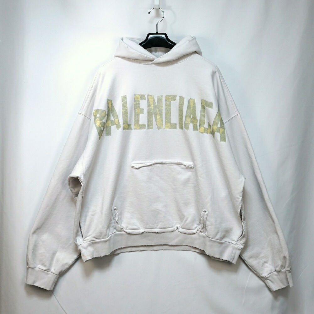 BALENCIAGA バレンシアガ Tape Type Ripped Pocket Hoodie テープ ロゴ リップド ポケット フーディ パーカー ホワイト Mサイズ  74441T0VB1 汚れ有り 【中古】新古品
