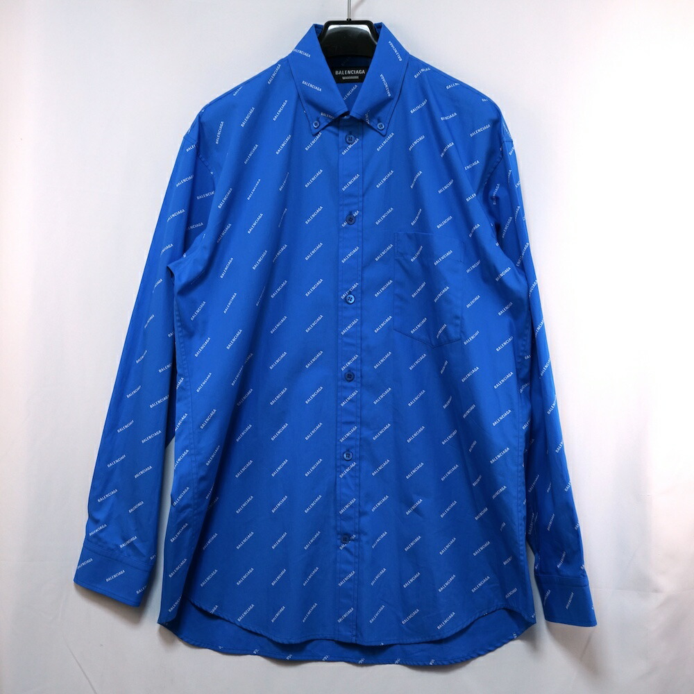 BALENCIAGA バレンシアガ ALL OVER LOGO オールオーバー ロゴ 総柄 長袖 ボタンダウン シャツ 36サイズ ブルー 534333TBL96【中古】新古品|OPINION COSMETIC