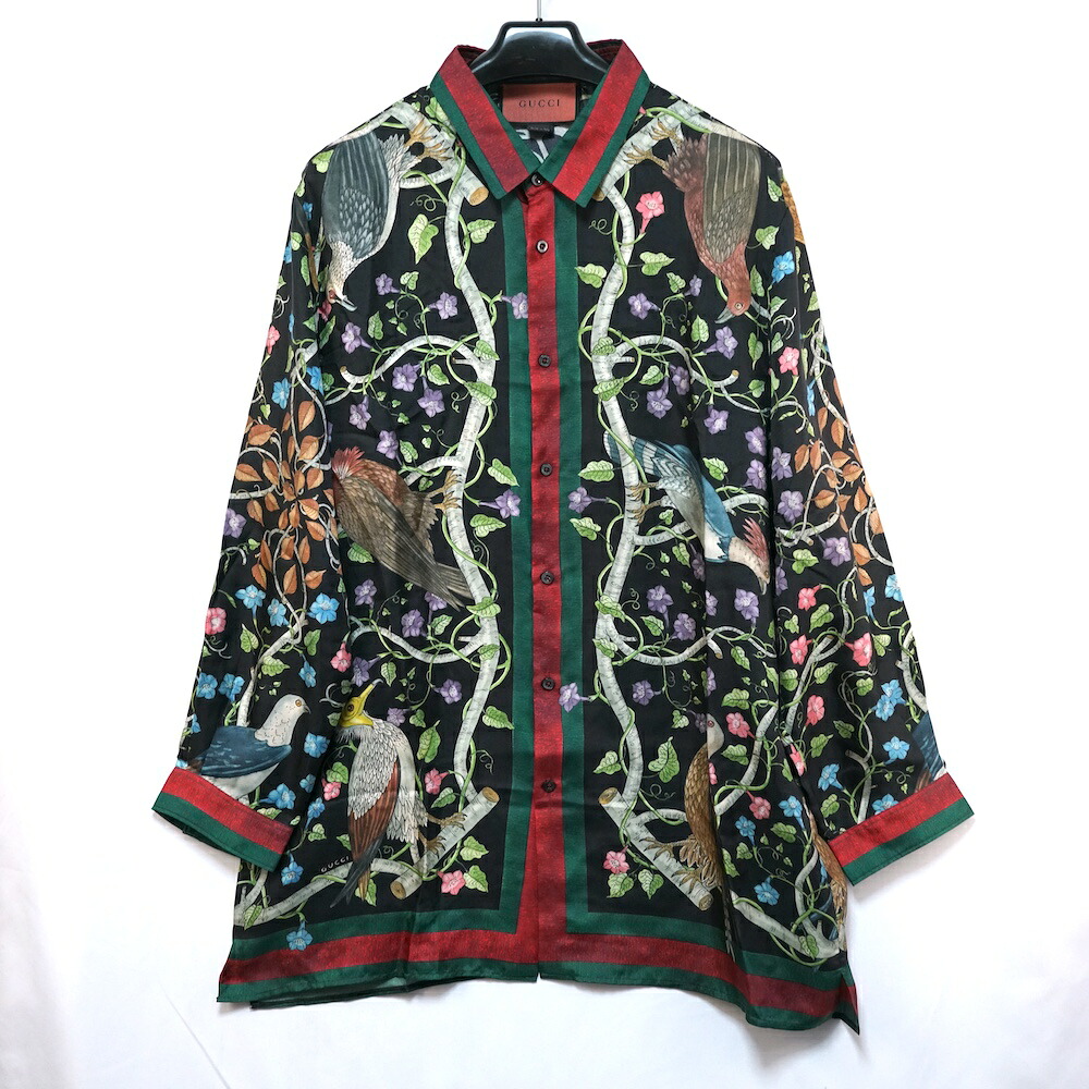 GUCCI  グッチ Birds of Prey silk shirt 鳥類 オブ 掻きならす 総柄 地絹 御召しもの プルオーバー 17＋大きさ 黒いこと 444251 Z664B  【中古】新古品