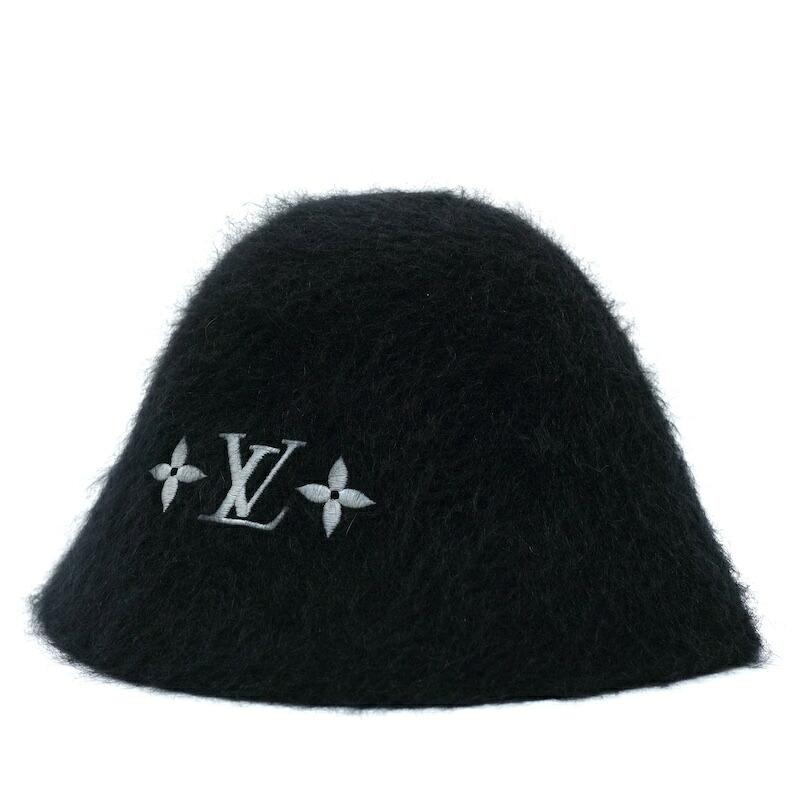 LOUIS VUITTON ルイヴィトン フラフィー LV ロゴタイプ 刺しゅう ナイロン モヘヤ 羊毛 井戸釣瓶かぶり笠 S大いさ 黒いこと HF1255 M7792S 【中古】