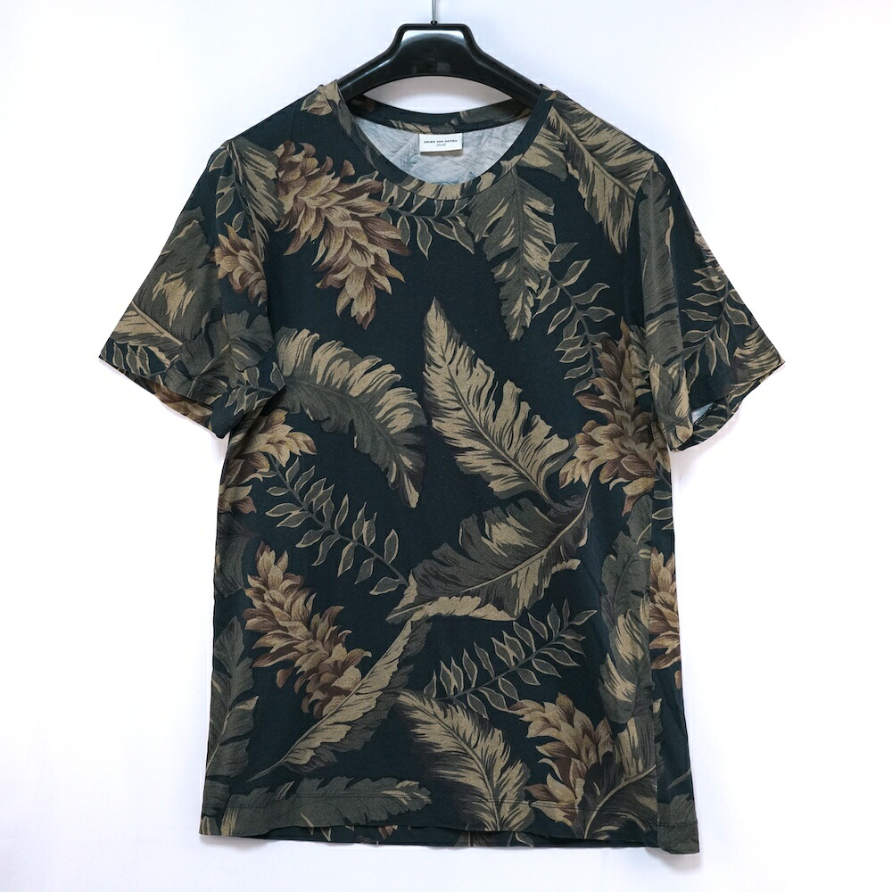 DRIES VAN NOTEN ドリスヴァンノッテン ボタニカル柄 刷り上げる 綿織物 ティーシャツ 黒いこと S大いさ 【中古】