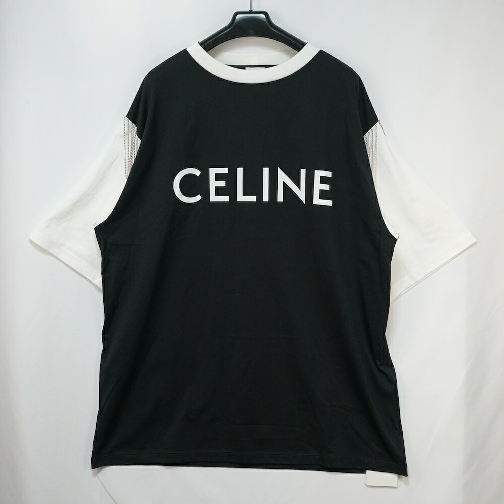 CELINE PARIS セリーヌ  FRINGE OVERSIZED LOGO PRINT T-SHIRT フリンジ 大層らしい大きさ ロゴタイプ 刷り上げる 半袖ティーシャツ 黒いこと 白いこと XS大きさ 2X29C671Q【中古】新古品