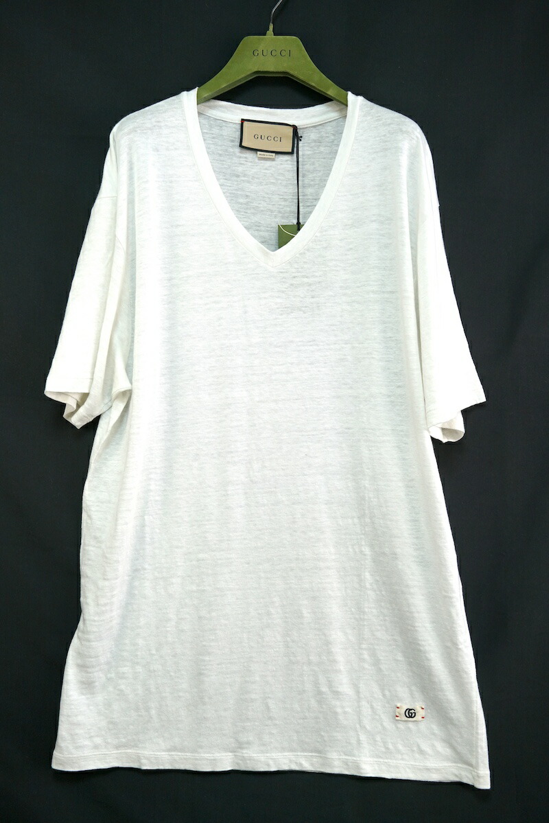GUCCI グッチ Vネック Tシャツ GG ワッペン ホワイト リネン XXLサイズ（180/108A）645269 XJC6N【中古】新古品
