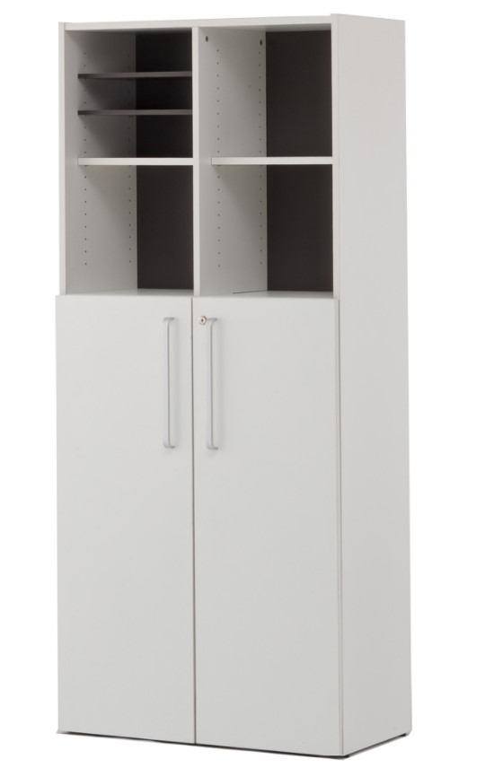 【法人様限定商品】 プリーマlll 木製格子型シェルフ2列5段 ホワイト共通扉付き グレーllバック SHWKS3-25LDWH2 書庫 キャビネット 収納庫 両開き書庫 木製書庫 両開きキャビネット 書棚 本棚 収納棚 書類収納 ハイキャビネット ハイシェルフ 扉付き 鍵付き 【新品】