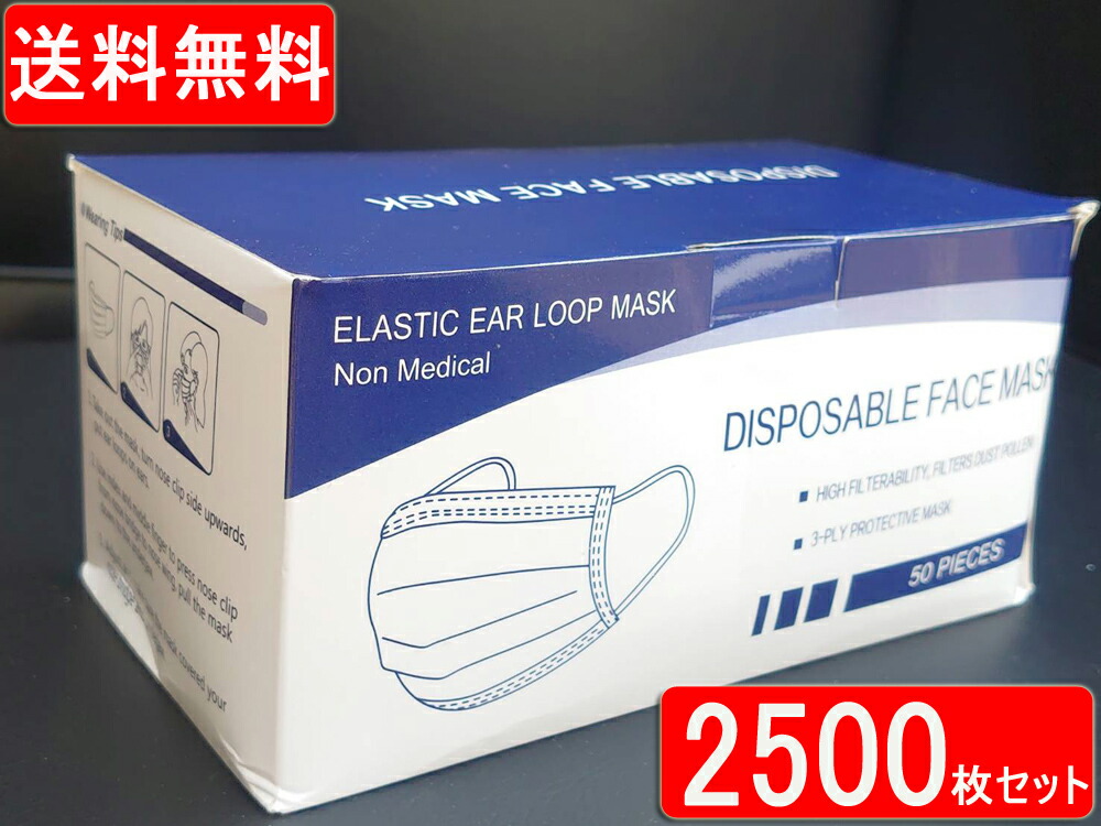 【送料無料】【在庫4万枚以上有り】 不織布マスク 2500枚入り 1箱50枚入×50個 使い捨てマスク 三層構造 3層構造 ウイルス対策マスク ウィルス対策マスク ふつうサイズ レギュラーサイズ