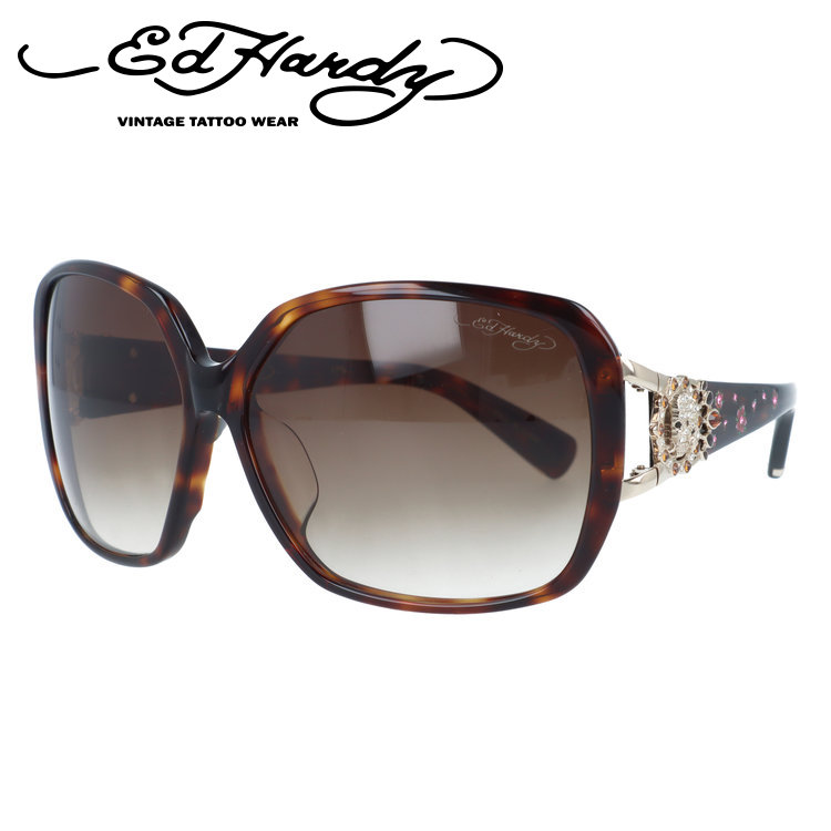 【訳あり】エドハーディー サングラス アジアンフィット Ed Hardy SKULL & ROSE 2（TORTOISE） 61サイズ バタフライ型 アウトレット品 ユニセックス メンズ レディース