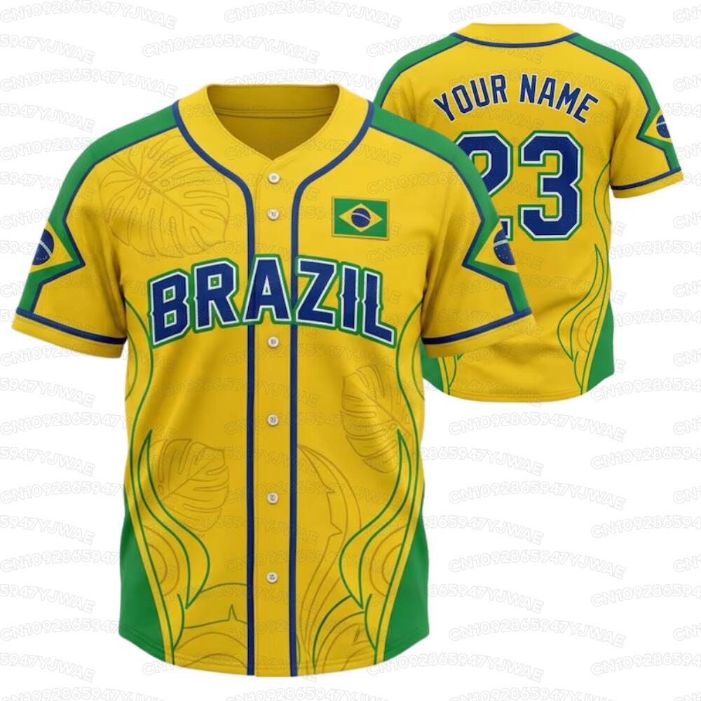 夏のメンズ・レディース3Dブラジル連邦共和国軍旗プルオーバー ブラジル連邦共和国半袖ベイスボールプルオーバー サッカーファンギフト パーティーウェアトップス
