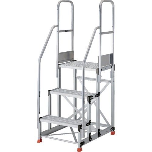 ＴＲＵＳＣＯ アルミ製作業用踏台 グレーチングタイプ ３段 高さ０．９ｍ 天板寸法６００×４００ 段高３００ｍｍ 階段両手すり付き TSFGR-369-TR300 【552-0104】