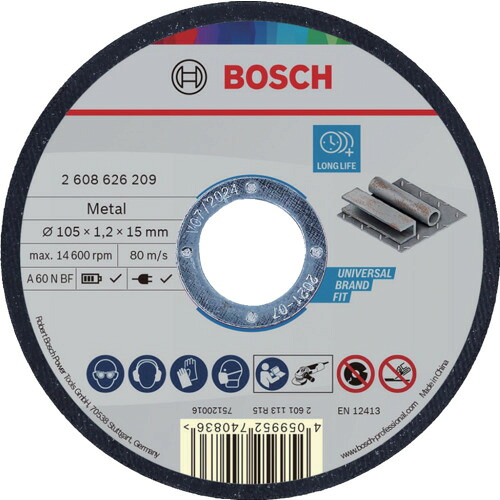 ボッシュ 切断砥石 一般鋼材用１０５&times;１．２&times;１５ｍｍ １００枚バケツ 2608626210 【712-9078】｜オレンジ便利