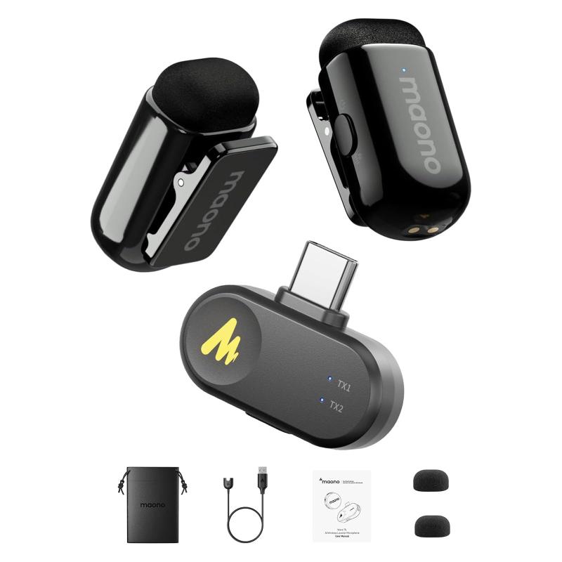 ワイヤレスマイク ピンマイク 5.9g小型超軽量-ノイズ軽減-スマホ用Android/iPhone15/16/PC対応 360°集音 100m伝送 30時間使用 AIボイチェン 音画同期 2人同時使用 クリップ式超ミニ無線 ASMR/Tik