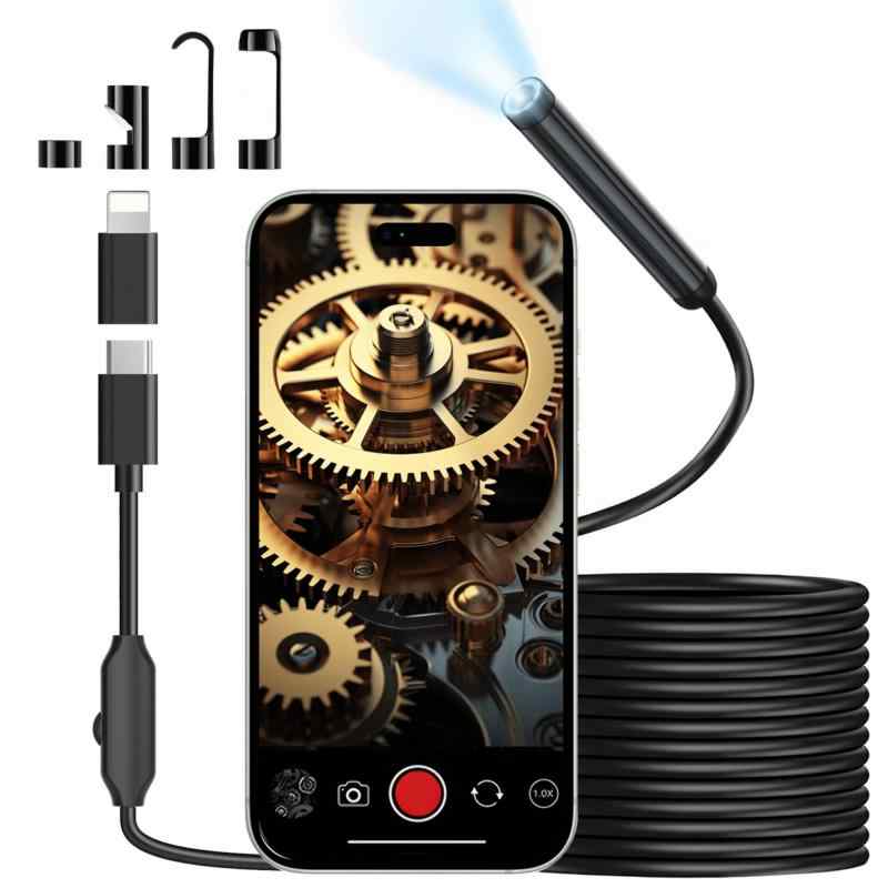 ファイバースコープ 1920P HD内視鏡カメラ 8mm極細スコープ IP67防水内視鏡カメラ Typc-C ライトニング接続 マイクロスコープAndroid iPhone対応 専用アプリ付 度LED搭載 工業用家庭掃除 機械点検 車