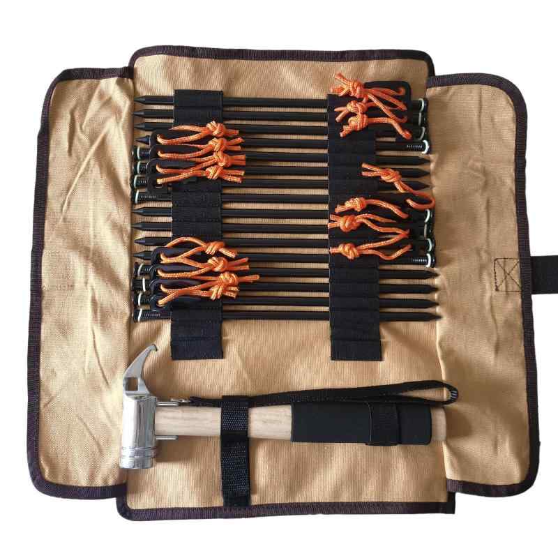 テントペグ スチール製 ソリッド 20cm/25cm/30cm キャンプ設営用具 夜光ゴムリング付き 収納袋付き 反射ロープ付き