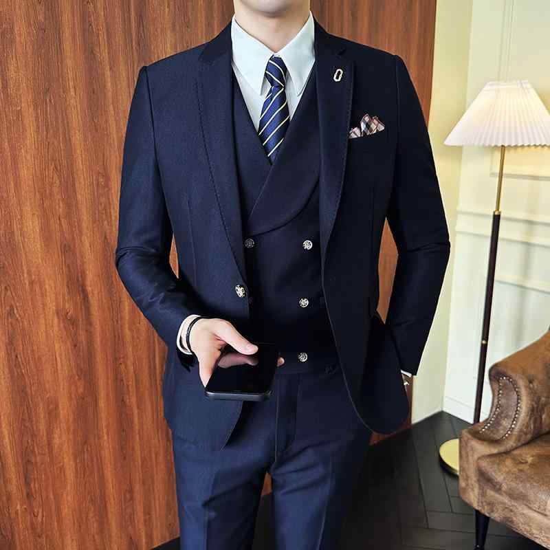 メンズ スーツ セット 修身 フィット ジャケット ベスト パンツ 韓国スタイル 3ピース 礼服 結婚式 伴郎 礼装 黒 紺 グレー カーキ グリーン ベージュ 長袖 単排ボタン 西装領 ポリエステル混紡 透気性 春秋 若者 男性用 ビジネスカジュアル ｜オレンジアイランド