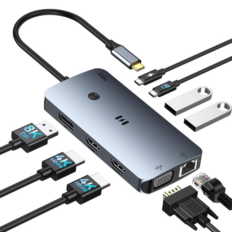 USB C ドッキングステーション 4画面対応 13-in-1ドック USB CデュアルHDMI 8K DisplayPort VGA RJ45 SD/Micro SD USB A&C 3.1 10Gbps PD 100W 2 HDMI HUB