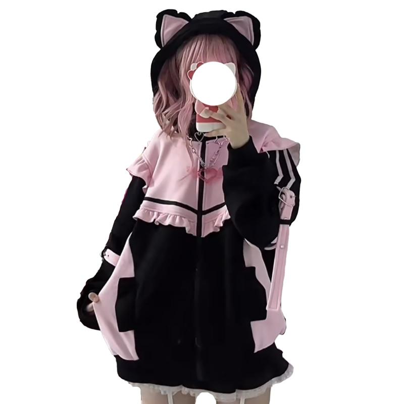 [] 猫耳 ジップアップ パーカー パンク系 サブカル系 天使界隈 地雷系 レディース メンズ 服 長袖 春 秋 冬 Y2K コート アウター 病みかわいい ゆったり 黒 厚手 立ち襟 配色
