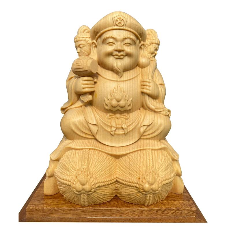 木彫り 仏像 三面大黒天 15糎 桧木製御膳上等木彫り 仏像 図形 七福神 飾りつけ 経あがる・必勝の守り神・御引き立て流行る・厄除け