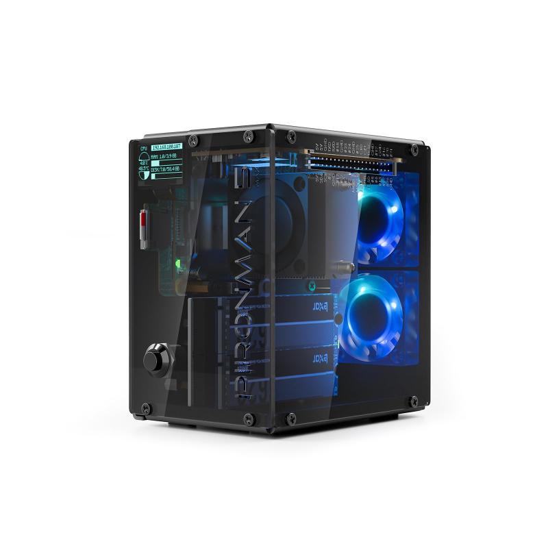 Pironman 5-MAX デュアル NVMe M.2 SSD PCIe ケース( 5用)NAS/RAID 0/1対応、Hailo-8L AIアクセラレーター対応、PWMタワークーラー+デュアルRGBファン、0.96インチOLEDディスプレイ搭載、標準