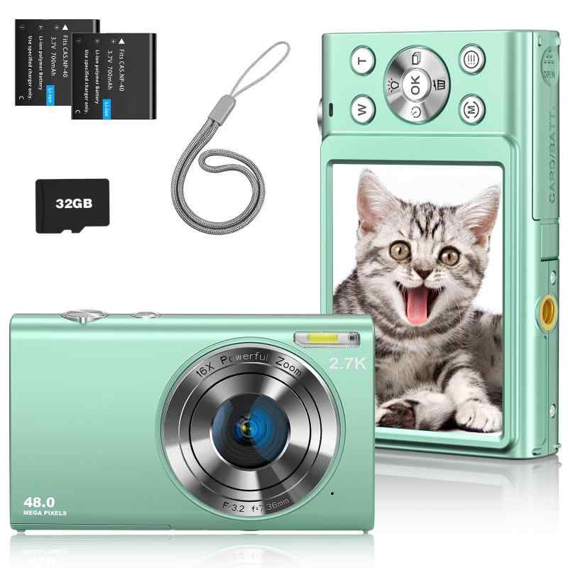 4800万画素 デジカメ デジタルカメラ オートフォーカス 2.7K解像度 近接撮影 16倍デジタルズーム 2.8インチ大画面 予備電池 軽量 修学旅行 学生 初心者 緑