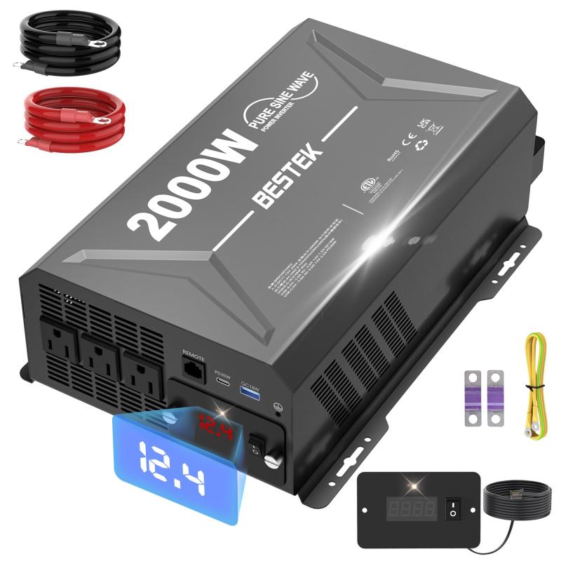 インバーター 12V 2000W 純正正弦波 車載用 コンセント USB-C PD 30W/ USB-A QC 18W 多機能 シガーソケット AC110V 3口 6つの安全機能 日本語マニュアル付き (ブラック)