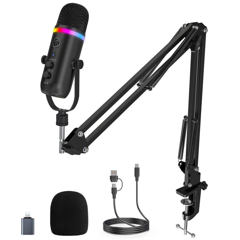 ZeaLSound USBマイクセット、コンデンサーマイク、PCマイク、アームスタンド付属、カーディオイド指向性、プラグアンドプレイ、ワンタッチミュート、エコー機能、YouTube/Zoom/Tiktok/Skype録音、
