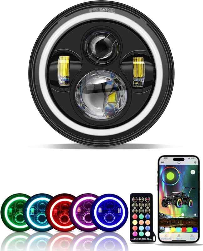 Largoods ７インチ ヘッドライト LED バイク RGB DRL機能付き Hi&Lo切り替え 6500K 高輝度 防水IP67 Bluetooth制御 丸目 ブラック 汎用 取り付け簡単 ハーレー ジープ ジムーニ