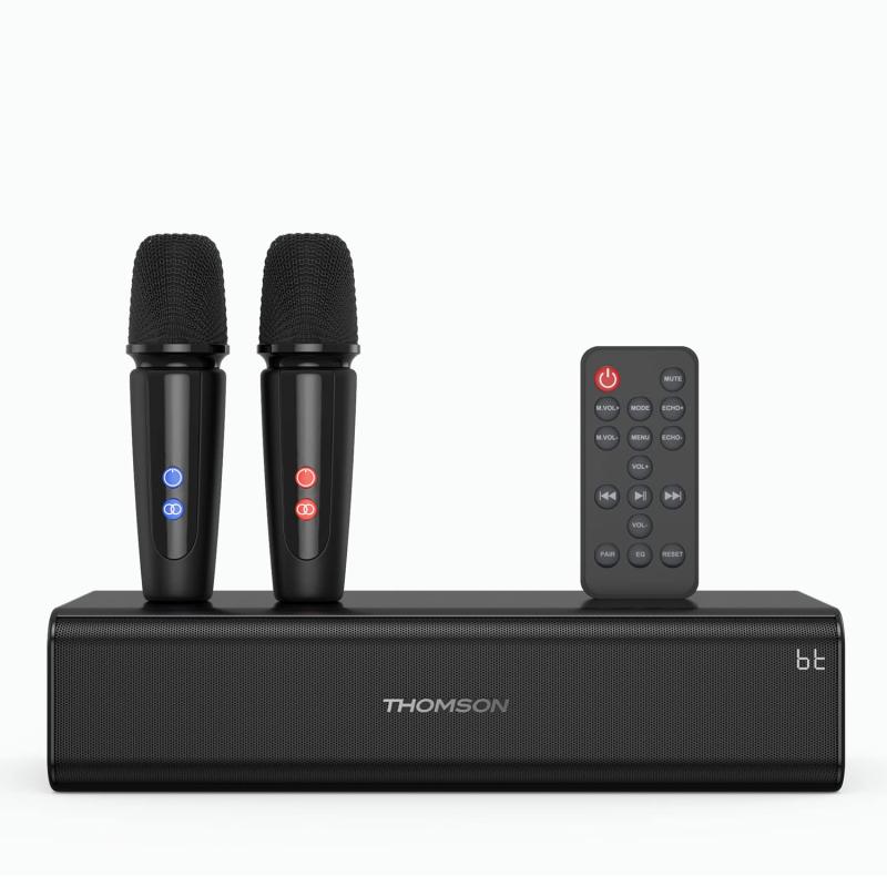 THOMSON カラオケセット 拡声器 ワイヤレスマイク2本付き PAセット Bluetooth5.0 ワイヤスステレオ対応 家庭用 USB再生 ポータブルスピーカー 屋外 スピーチスピーカー USB-C充電式ワイヤレスマイク