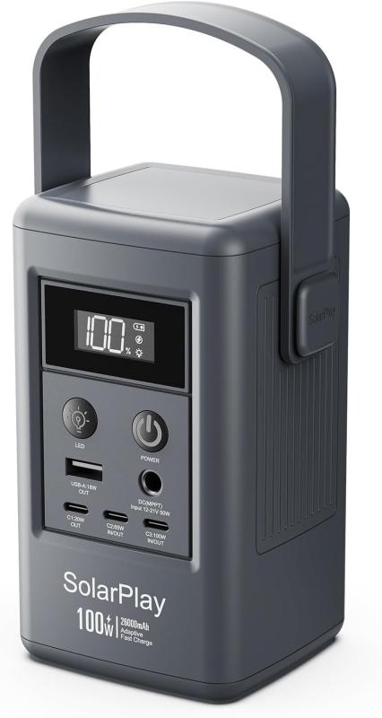 SolarPlay Q100 100W ポータブル電源 96.2Wh 小型 軽量 0.78kg リン酸鉄リチウム DC入力 USB-C/USB-A出力 BMS機能搭載 アウトドア 車中泊 キャンプ 防災 台風対策 家庭用 緊急用 停電対策 LED照明付き