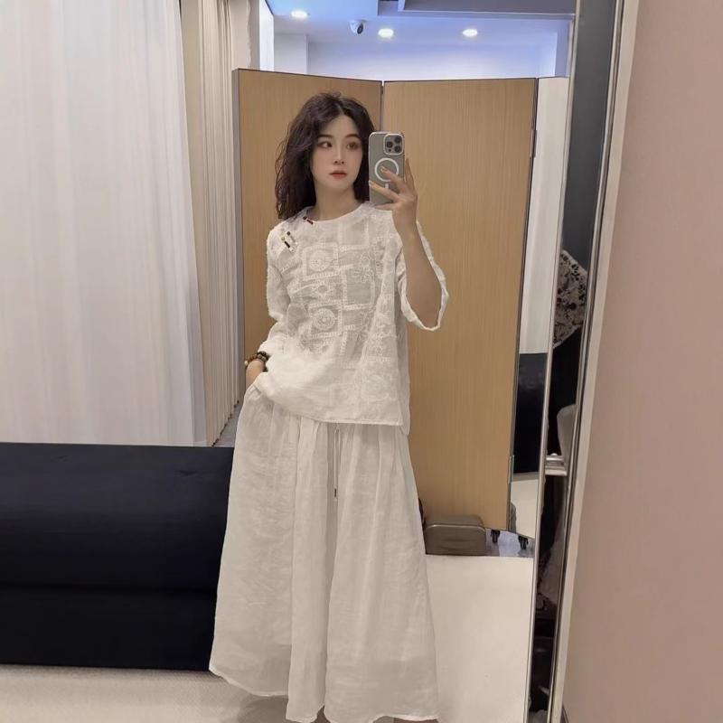シャツ レディース 春夏 Vネック 七分袖 レース トップス チュニック ゆったり 刺・墸 麻 リネン 中国風 文芸復古 きれいめ かわいい おしゃれ ブラウス3｜オレンジアイランド