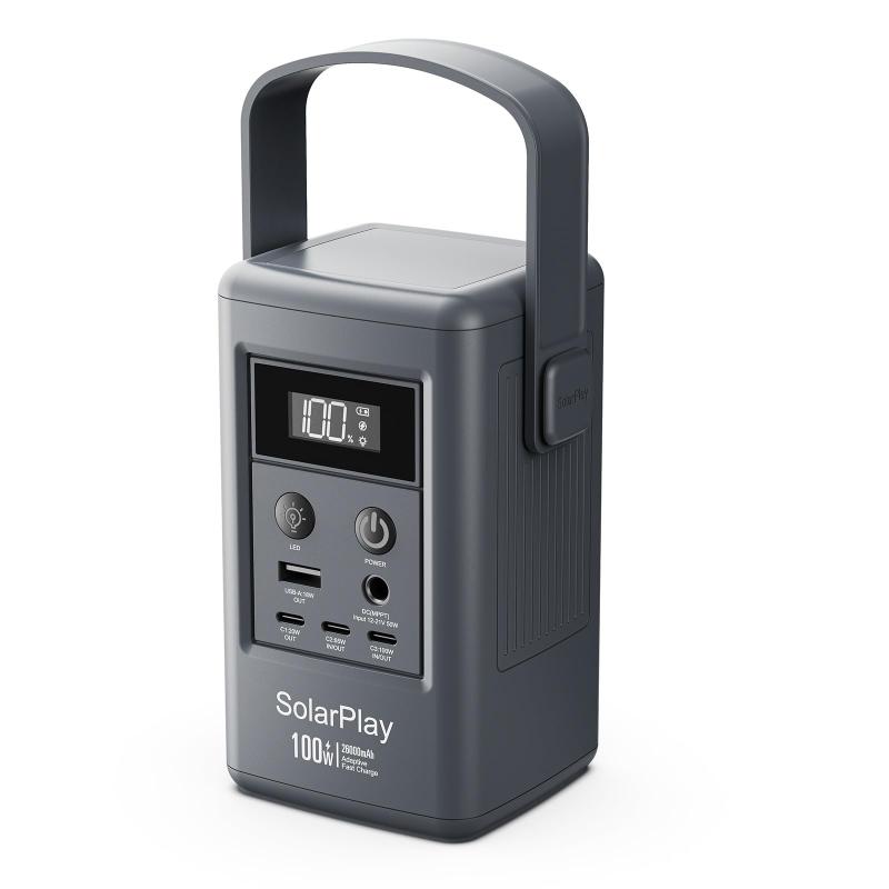 SolarPlay Q100 100W ポータブル電源 96.2Wh リン酸鉄リチウム 小型 軽量 0.78kg 蓄電池 キャンプ 防災 DC入力 USB-C/USB-A出力 BMS機能搭載 家庭用 緊急用 アウトドア 車中泊 台風対策 停電対策 LED 13,004円